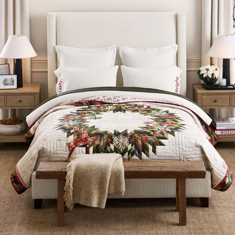 Pottery Barn Winter Wreath Reversible Quilt Bedding Star King / California NWT